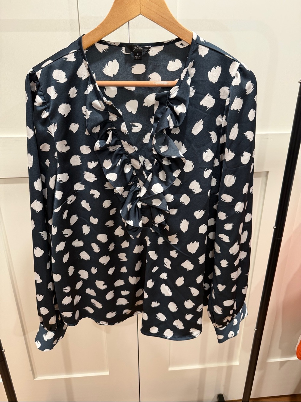 J. Crew Navy Ruffle Front Dot-Print Blouse